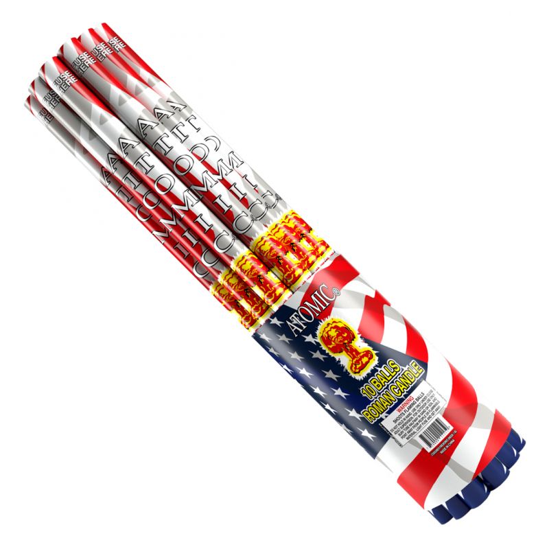 ATOMIC RED WHITE BLUE ROMAN CANDLE 10 SHOT